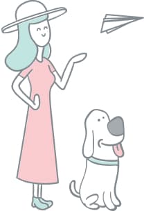 Girl throwing a paper plane and her dog illustration
