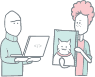 Illustration of a person holding a laptop and a person holding a picture of cat